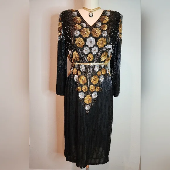 tan beaded dress TAN/BRONZE BEADED LONG DRESS – Savvy Seconds Boutique main image 1